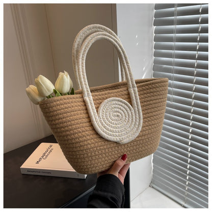 Contrast Cotton Rope Woven Handbag Women's Bag Korean Style Bag New Large Capacity Stylisse Handbag All-match Tote Bag