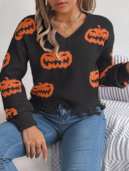 Real Shot of Autumn and Winter European and American Halloween Contrasting Pumpkin Cut Long-Sleeved Pullover Sweater Amazon Cross-Border Women's Clothing