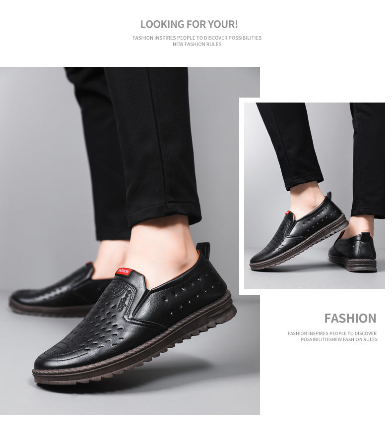 Hollow-Out Leather Shoes for Men, Summer Breathable Soft Leather Low-Top Business Casual Versatile Slip-On Perforated Dad Shoes