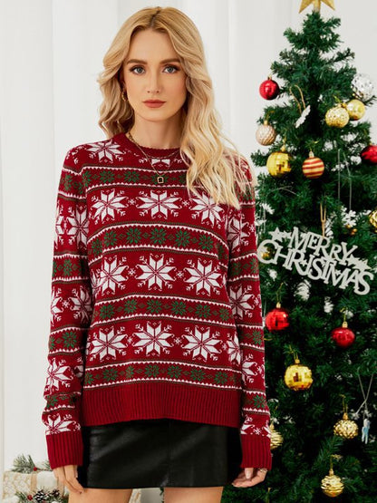 2023 Amazon European and American Round Neck Christmas Red Knitwear Christmas Outfit Long-Sleeved Snowflake Christmas Knitwear