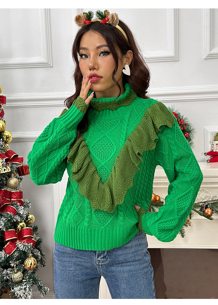 Amazon 2023 new Christmas half turtleneck sweater women's autumn and winter ruffled twisted pullover sweater women