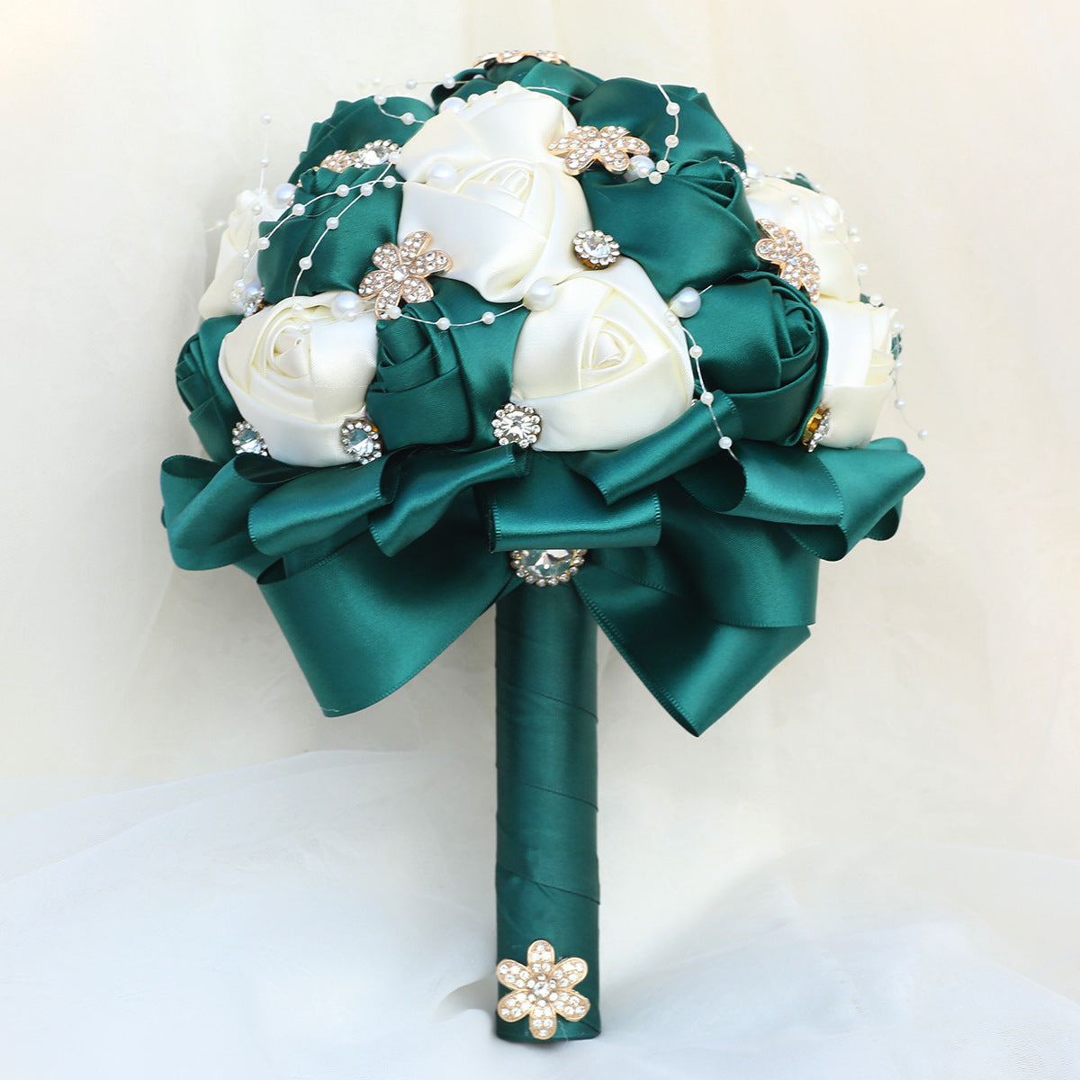 Amazon Supply Dark Green Bride Bridesmaid Simulated Satin Rose Bouquet Church Wedding Supplies Wholesale