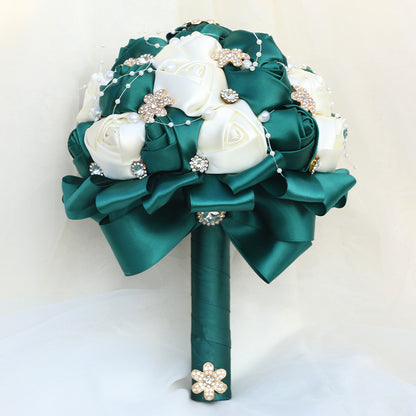 Amazon Supply Dark Green Bride Bridesmaid Simulated Satin Rose Bouquet Church Wedding Supplies Wholesale