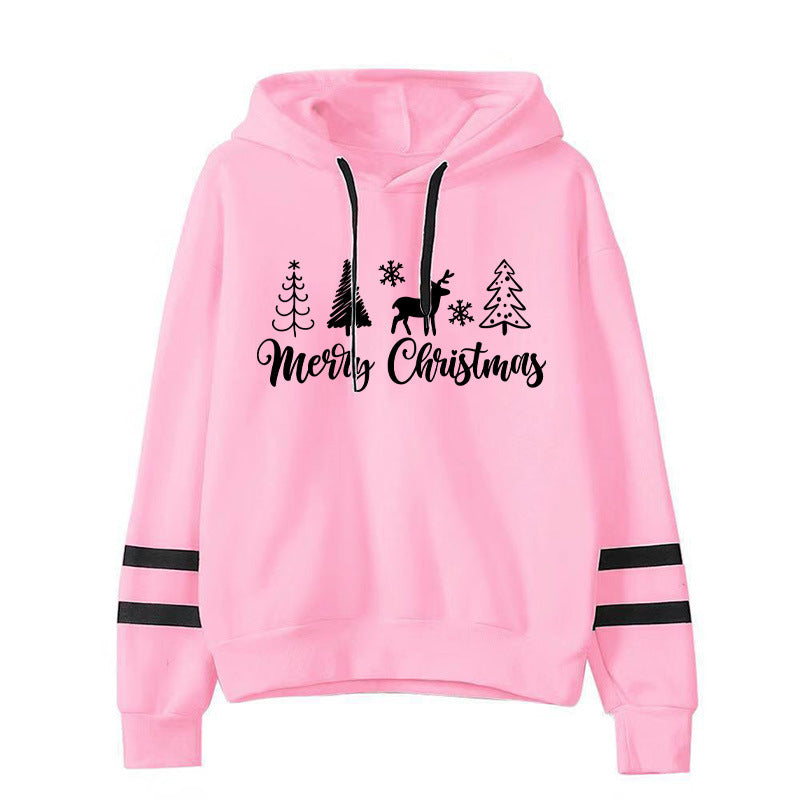 Christmas Tree Merry Christmas Print Parallel Bars Hooded Striped Sweatshirt European-Size plus size Men's and Women's Jacket