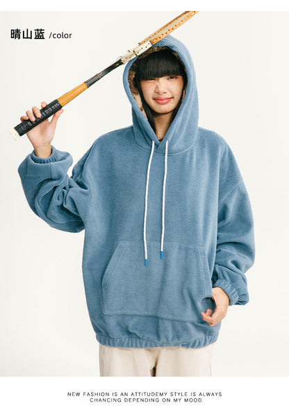 Black Fleet American Casual Style Unisex Versatile Hooded Warm Top Couple Style Hiking Fleece Solid Color Sweatshirt