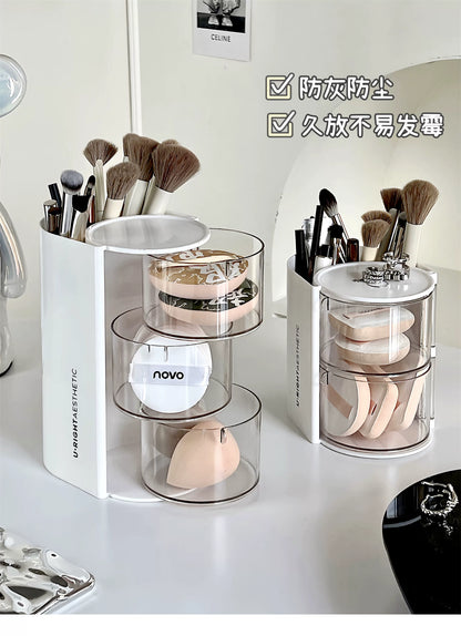 Puff Storage Box Rotating Dustproof Dressing Table Desktop Beauty Makeup Egg Air Cushion Lipstick Makeup Brush Storage Cylinder Storage Rack