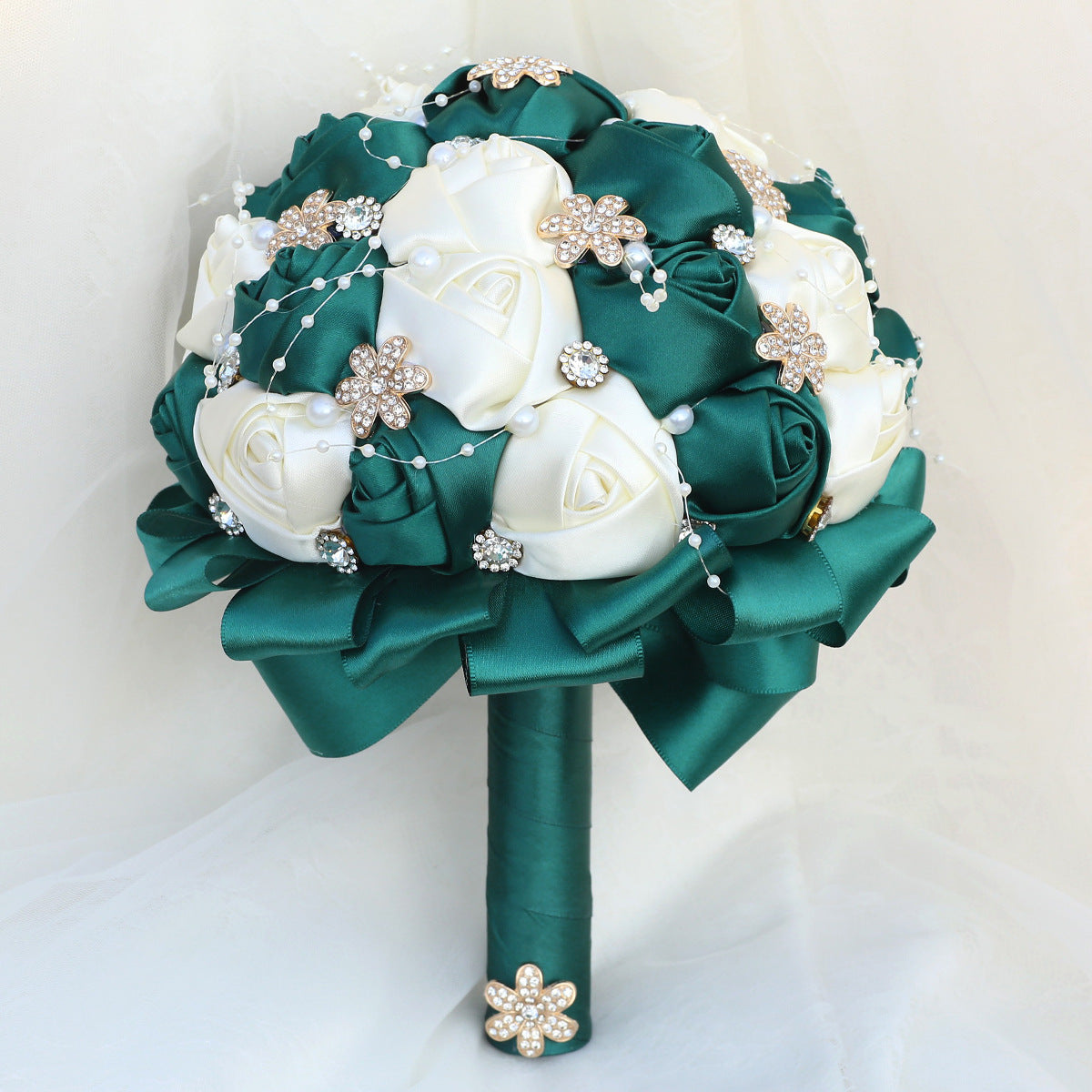 Amazon Supply Dark Green Bride Bridesmaid Simulated Satin Rose Bouquet Church Wedding Supplies Wholesale