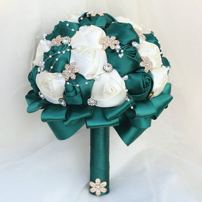 Amazon Supply Dark Green Bride Bridesmaid Simulated Satin Rose Bouquet Church Wedding Supplies Wholesale