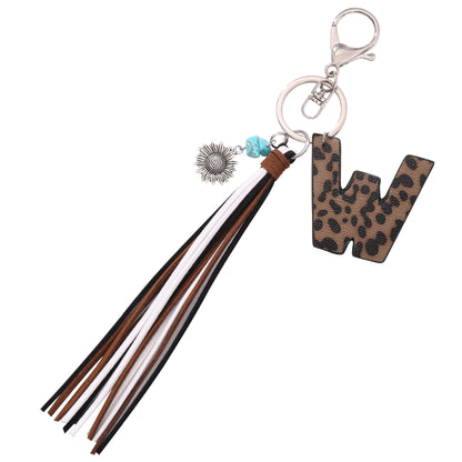 New Western Denim Style Leopard Oil-trimmed Leather Letter A Korean Velvet Tassel Combination Keychain Pendant Bag