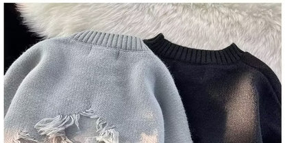 Autumn and Winter ripped sweater men's round neck pullover fashion brand High Street American Retro Japanese youth sweater