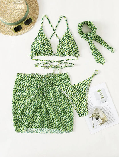 2025 European and American New Drawstring Straps Sexy Three-Piece Swimsuit Bikini Bikini with Veil Cross-Border