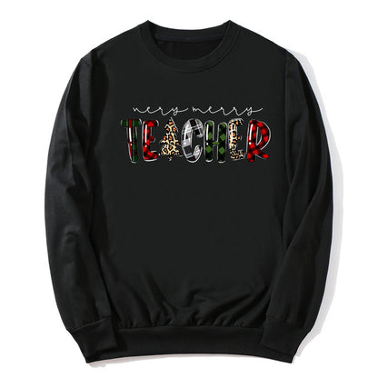 Christmas Tree Plaid Letter Teacher Christmas Printed Round Neck Sweat Autumn and Winter European Men's and Women's Top