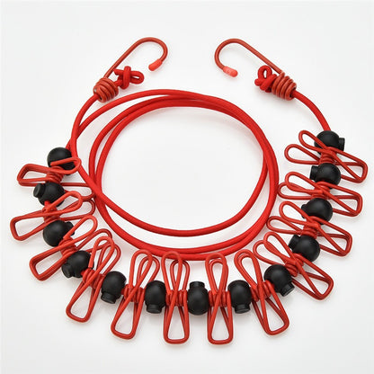 Creative Outdoor Elastic Windproof Clothesline with Positioning Clips, Korean Style Clothesline with 12 Windproof Clips
