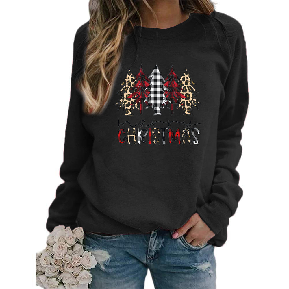 Leopard Red Plaid Christmas Tree Merry Christmas Print Round Neck European and American Women's Autumn and Winter Sweat
