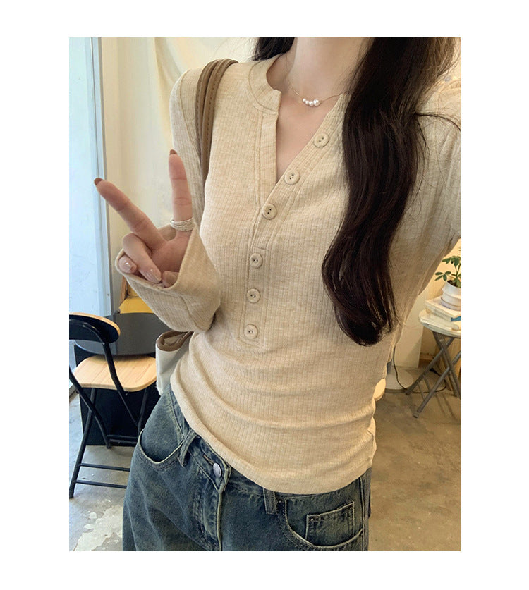 European in stock Korean Style Lazy Relaxation Inner Base T-shirt Women's Early Autumn New Style Elegant Slim-fit Half-open Collar