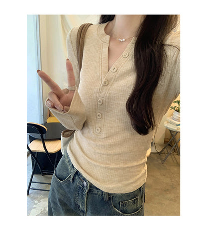 European in stock Korean Style Lazy Relaxation Inner Base T-shirt Women's Early Autumn New Style Elegant Slim-fit Half-open Collar