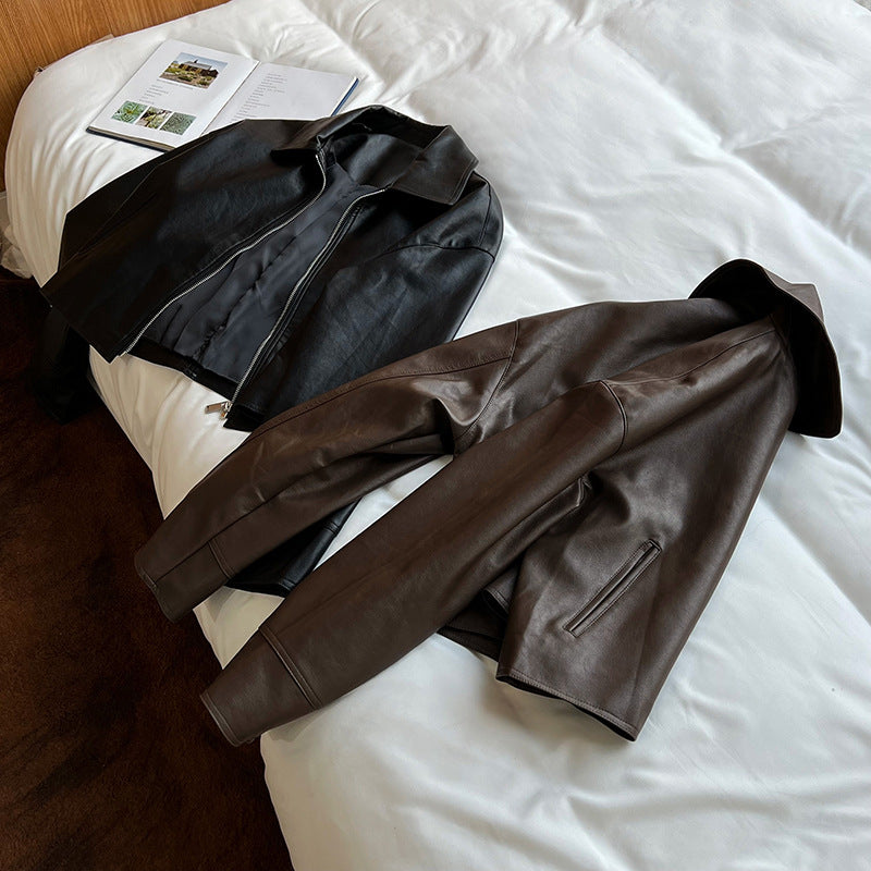 cool handsome high sense ~ lapel leather coat women's spring and autumn Hong Kong style PU leather jacket motorcycle top trendy 9595