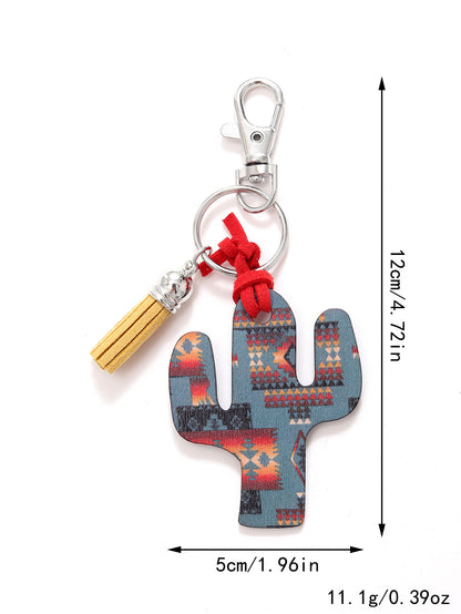 New Wooden Cactus Keychain Leopard Flower Rainbow Sunflower Striped Printed Bag Car Pendant