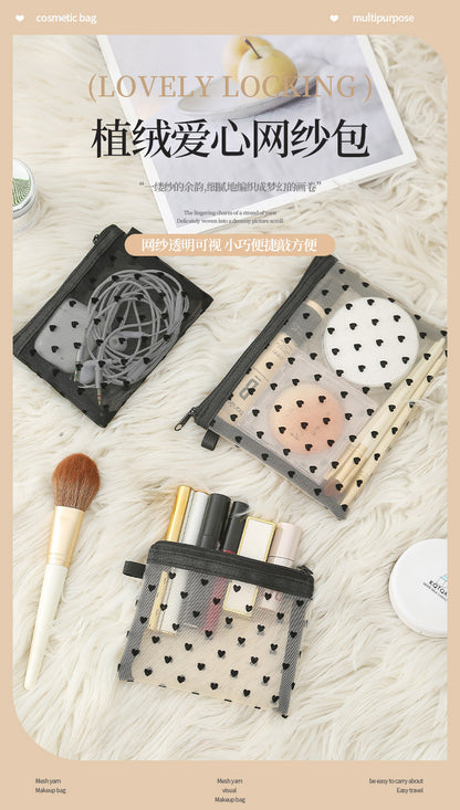 Bei Lian small size mesh cosmetic bag portable flocking cosmetic storage bag love fashion lipstick storage bag wholesale