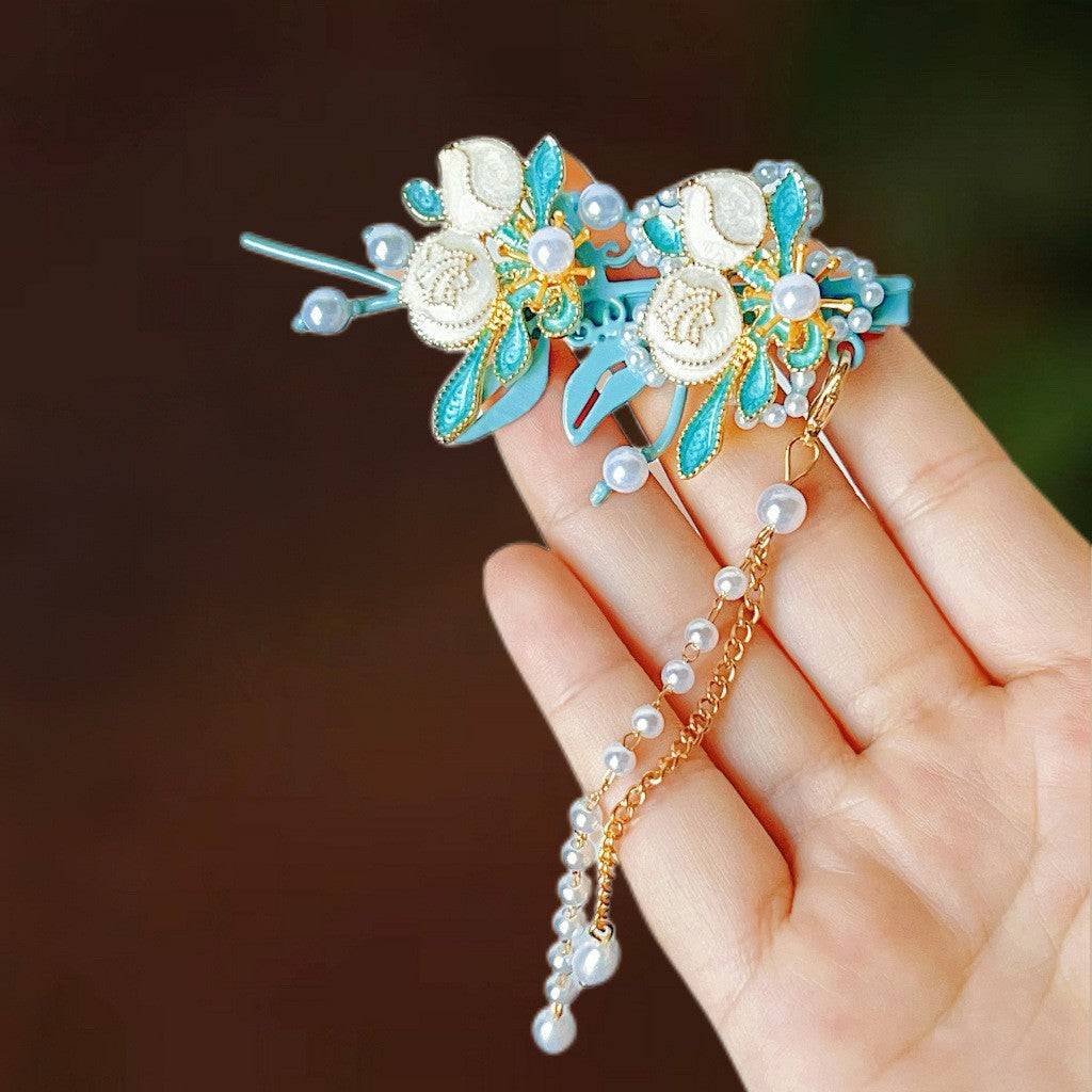 Antique Style Burned Blue Cloud Pearl Hairpin New Chinese Tassel Side Clip Advanced Sense Clip Hair Accessories Headwear Hair Clip