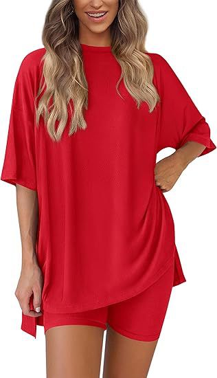 Cross-border foreign trade Amazon 2025 new women's casual round neck split loose shorts short sleeve home clothes suit
