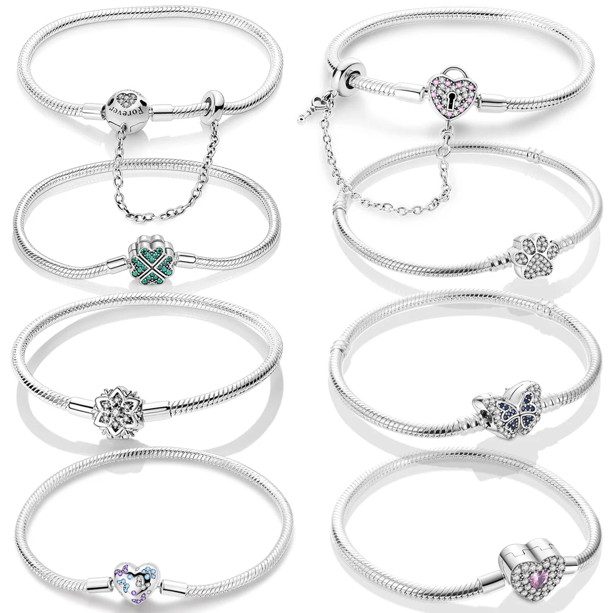 925 Sterling Silver Charm Bracelet - Leaf, Clover, Butterfly & Heart Design | 17-20cm Adjustable