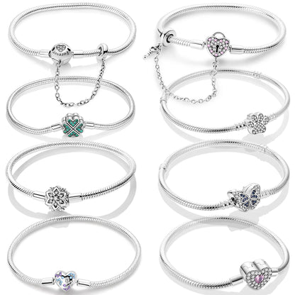 925 Sterling Silver Charm Bracelet - Leaf, Clover, Butterfly & Heart Design | 17-20cm Adjustable