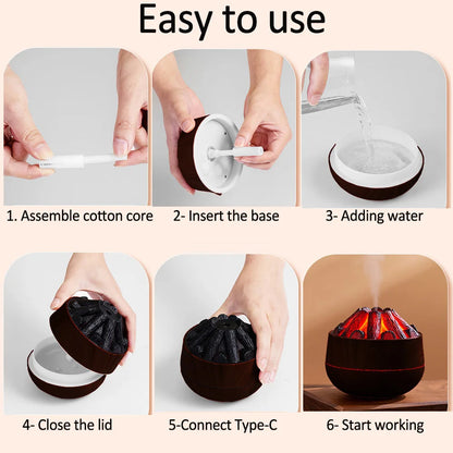 Charcoal Flame Humidifier, Aromatherapy Essential Oil Diffuser, 300ml Mist Ultrasonic Humidifier for Bedroom,Office Night Light