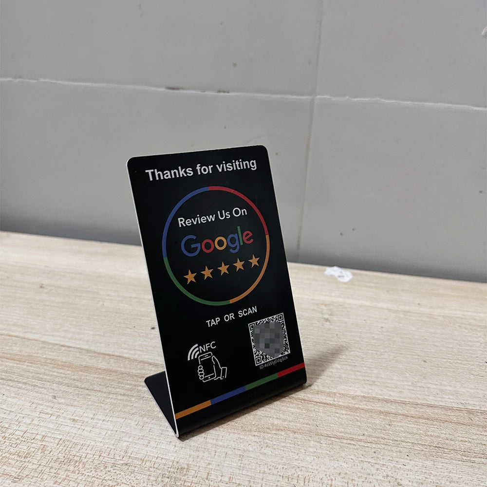 Spanish English QR code NFC Standing Sign Google review NFC215 Review Stand Click URL Unlimited Modification Editing QR Codes