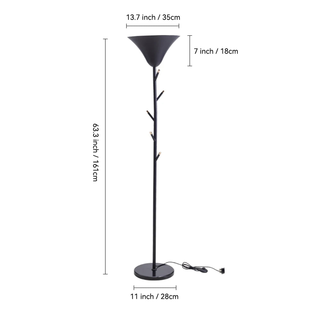 KOMORE Modern Black E14 1-Light Floor Lamp with Coat Rack for Living Room Office, Bedroom, Hallway, Porch