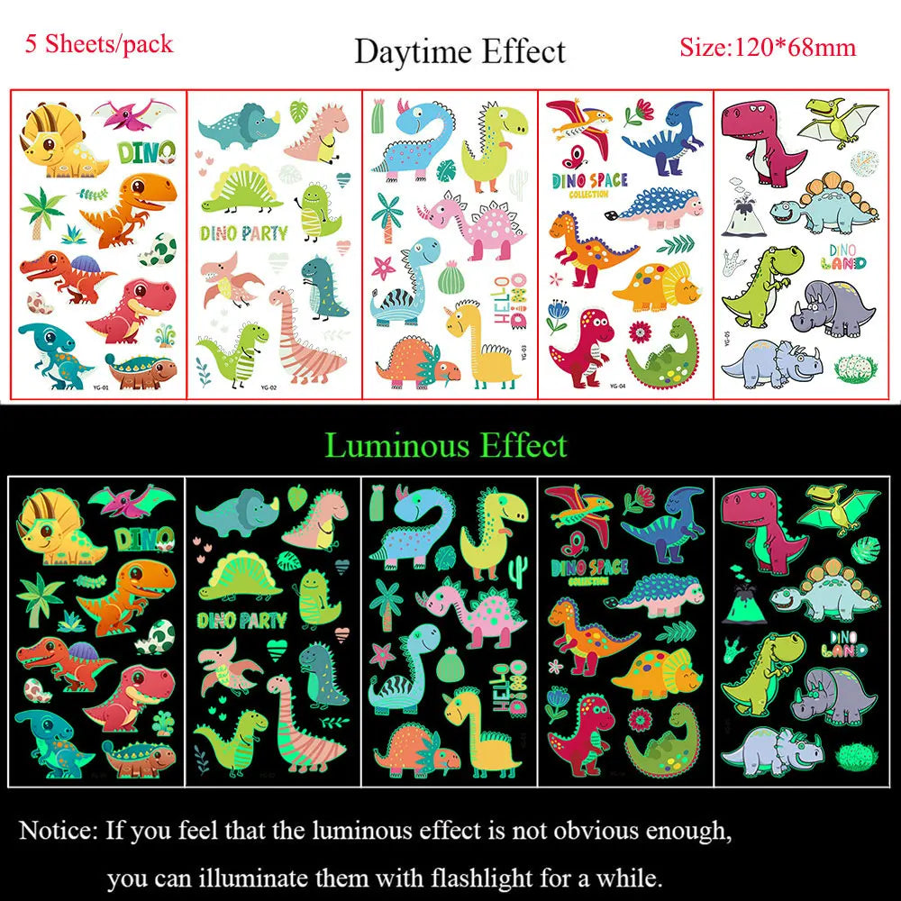 5 Sheets Luminous Tattoo Stickers Colorful Animal Mermaid Dinosaur Temporary Tattoos for Hand  Body Fake Tattoo Waterproof