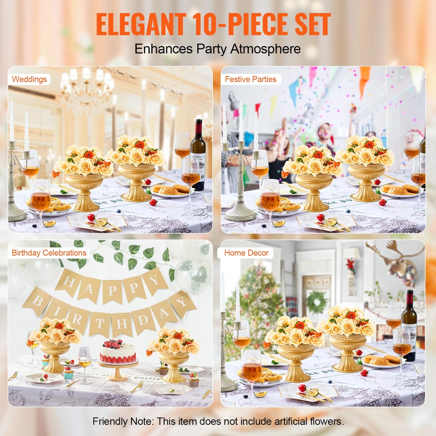 VEVOR 2/10/12PCS Tall Wedding Flower Vase Metal Centerpiece Gold Floral Arrangement Stand Display Rack for Tables Dinner Party