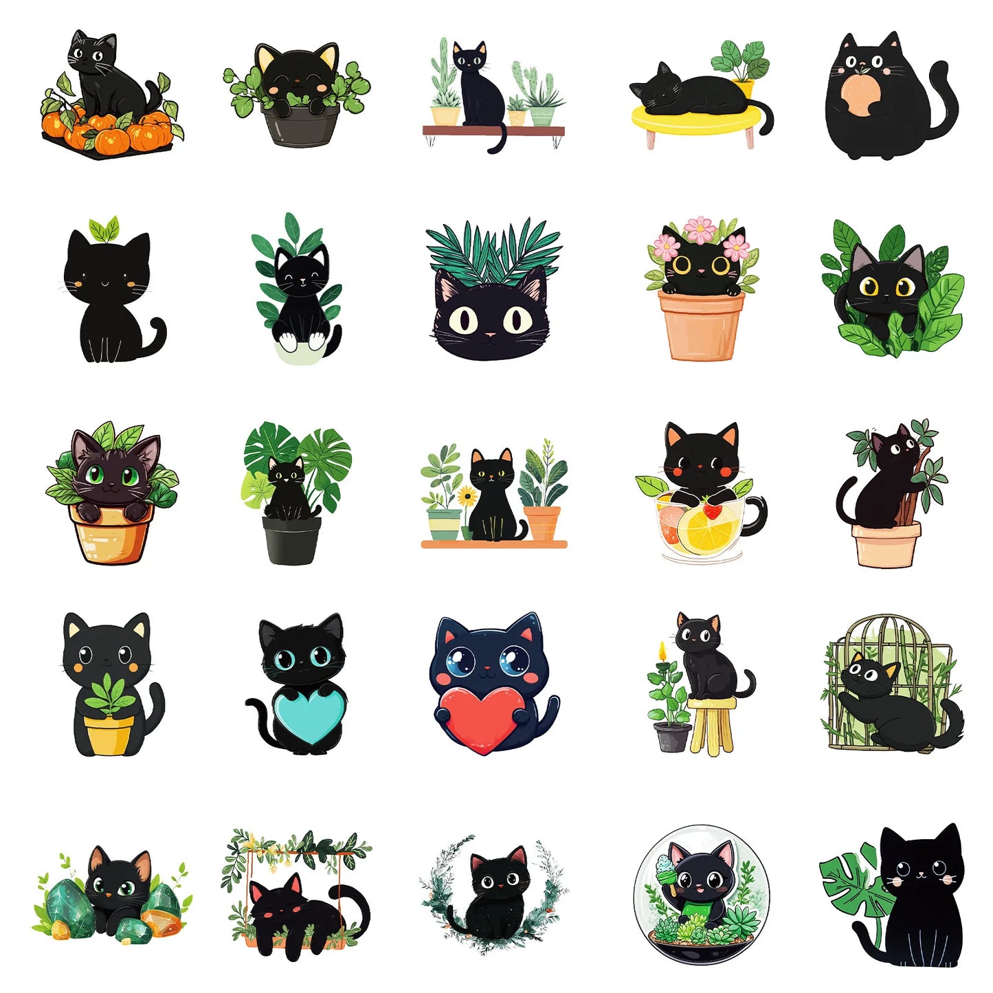 50Pcs hand drawn plant black cat graffiti decoration stickers cartoon water cup guitar computer skateboard stickers