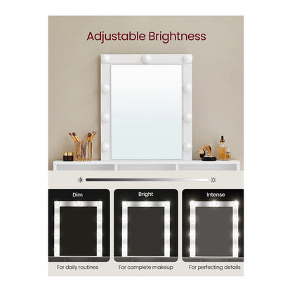 VASAGLE Dressing Table, LED Lights with Adjustable Brightness, Vanity Table with Mirror, 2 Drawers and 3 Compartments