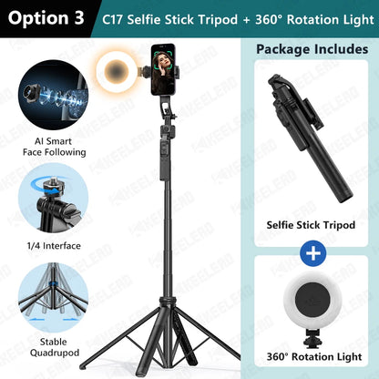 Tripod for Mobile Phone 360°Auto-Rotation Shooting C17 Quadrapod Selfie Stick Phone Stand AI Face Following, with Remote Control
