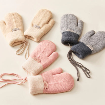 Anti Cold Warm Ski Gloves Kids Thicken Velvet Hanging Neck Mittens 1-4year Boy Girl Plush Hand Covers Children Woolen Knit Glove
