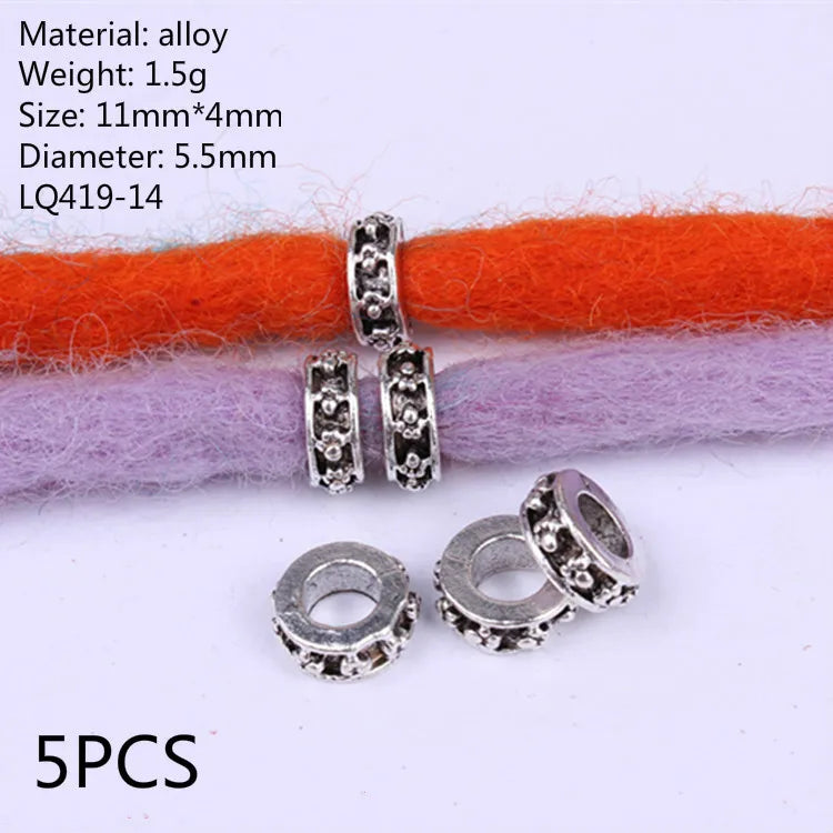5 Pcs Antique Silver Hair Braid Dread Dreadlock Beads Cuffs Tuber Approx 8mm Inner Hole for Hair Styling Accessories Tool