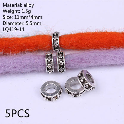 5 Pcs Antique Silver Hair Braid Dread Dreadlock Beads Cuffs Tuber Approx 8mm Inner Hole for Hair Styling Accessories Tool
