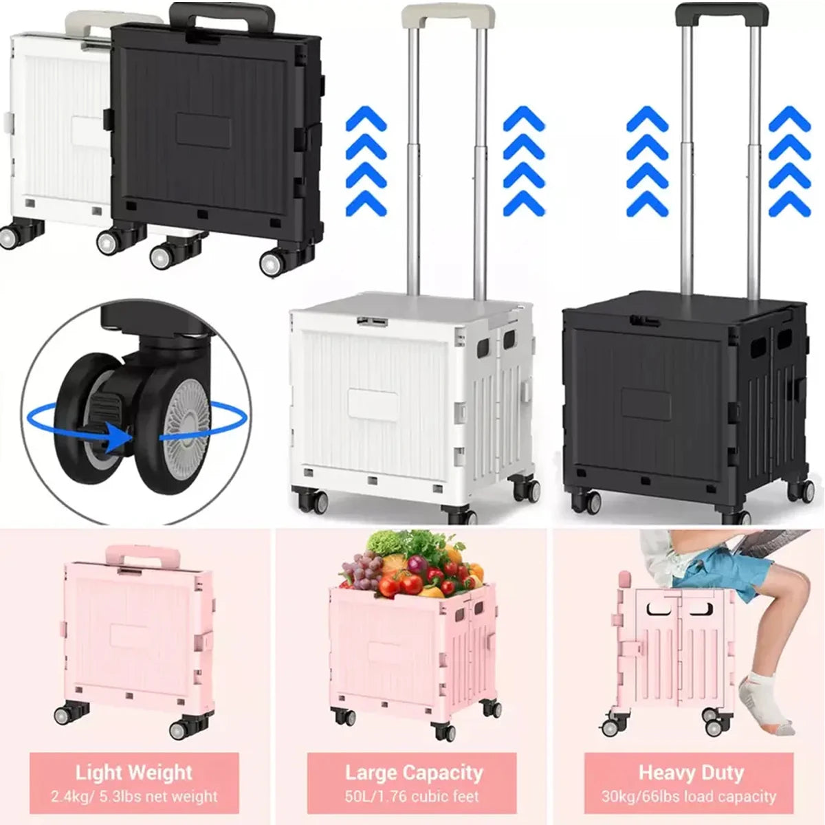Foldable Utility Cart Mobile Folding Cart with Lid 360°Rotate Large Capacity Portable Shopping Hand Trolley for Travel Camping