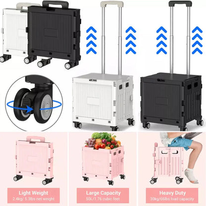 Foldable Utility Cart Mobile Folding Cart with Lid 360°Rotate Large Capacity Portable Shopping Hand Trolley for Travel Camping