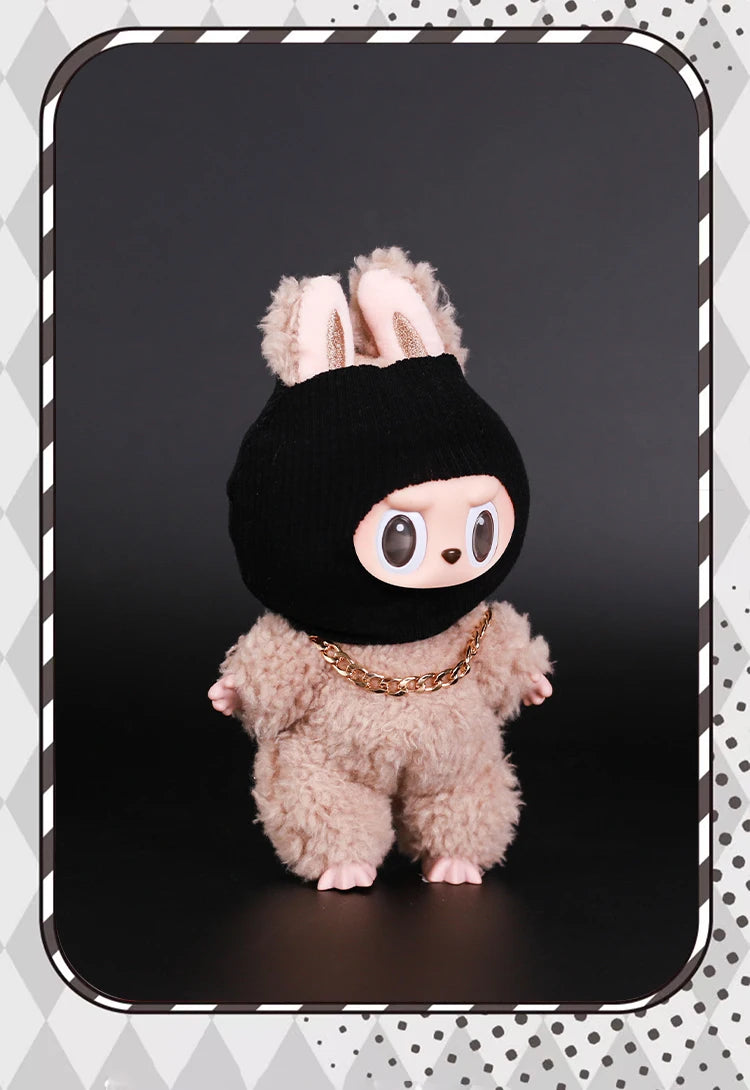 For Labubu Clothes Accessories Trendy Cool Cute Fun and Funny Style Black Knit Hat and Necklace Street Fashion Doll Accessories