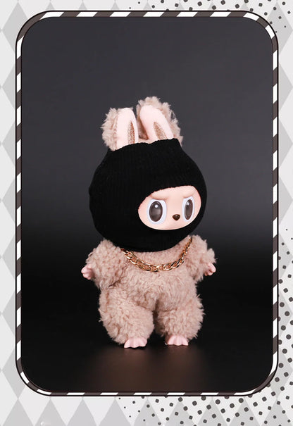 For Labubu Clothes Accessories Trendy Cool Cute Fun and Funny Style Black Knit Hat and Necklace Street Fashion Doll Accessories
