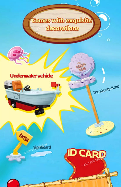 Spongebob building block cartoon Krusty Krab creative restaurant scene model Patrick Star assembly toy children's birthday gift