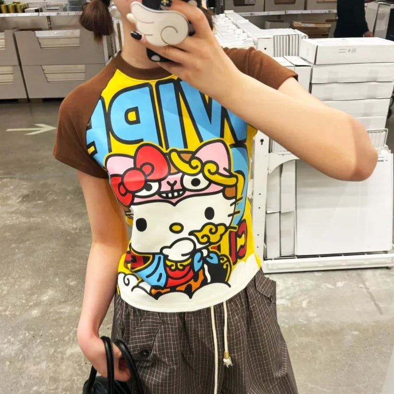 Sanrio Hello Kitty New Anime Fashion Short Tops Y2k Summer Cute Tees Cartoon Printed High Street Gothic Short Sleeve T-shirts