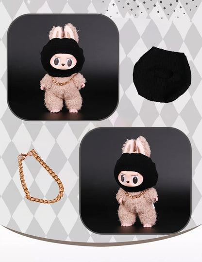 For Labubu Clothes Accessories Trendy Cool Cute Fun and Funny Style Black Knit Hat and Necklace Street Fashion Doll Accessories