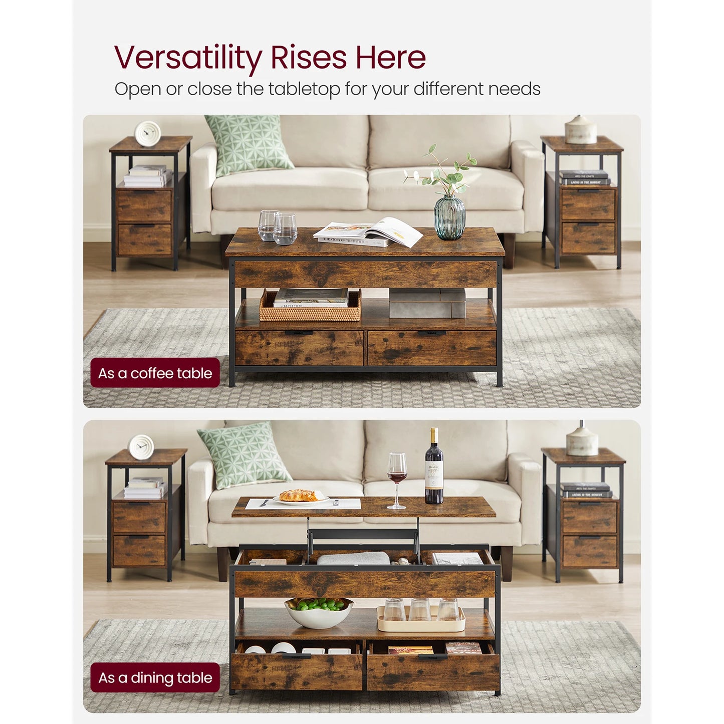 VASAGLE Lift Top Coffee Table, Living Room Table, with Storage Drawers, Hidden Compartments, and Open Shelf