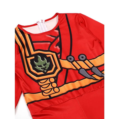 Boys Japanese Ninja Costume with Cartoon Anime Print Red Jumpsuit, Mask and Ninja Fork Accessory Set Halloween Dress Up Party