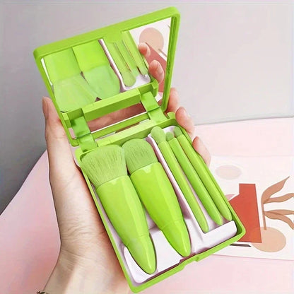 5pcs Mini Makeup Brush Set with Mirror - Multifunctional Travel Cosmetic Brushes, Unscented, Palm Brush Design Makeup Tools