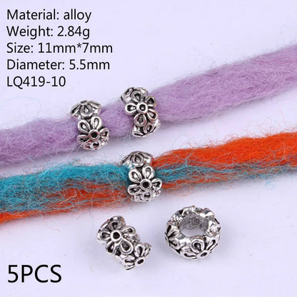 5 Pcs Antique Silver Hair Braid Dread Dreadlock Beads Cuffs Tuber Approx 8mm Inner Hole for Hair Styling Accessories Tool