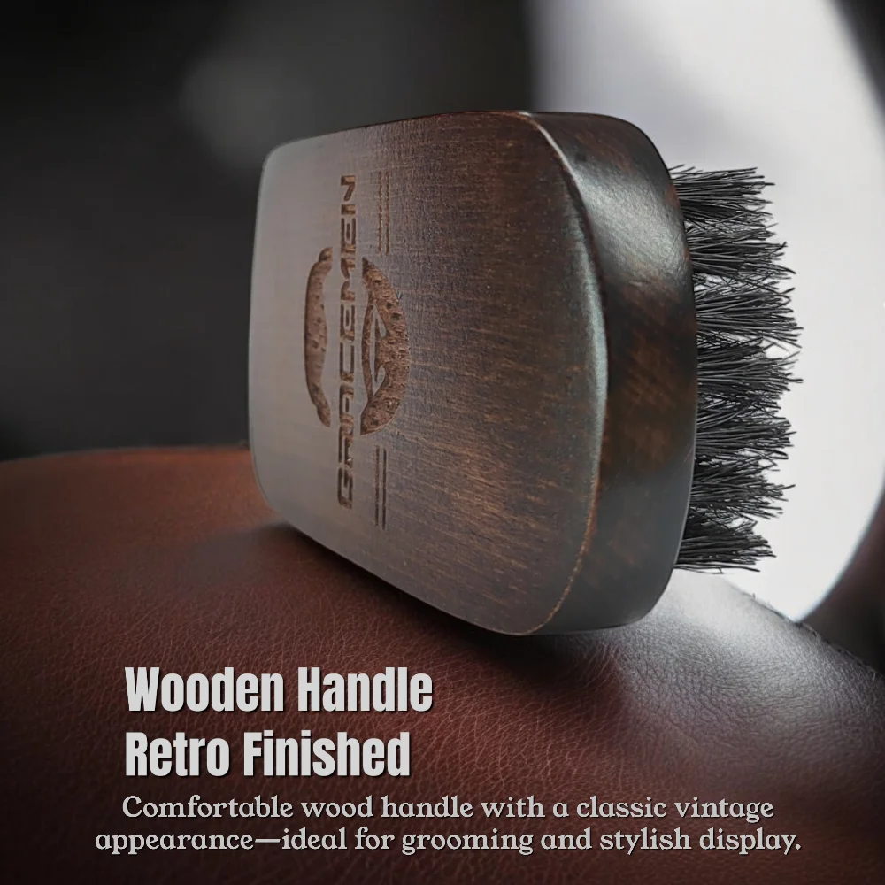 Gracemen Premium Dark Retro Beard Brush Oval Facial Brush for Men - 100 % Boar Bristle and Old-Styled Wooden Handle Hair Comb